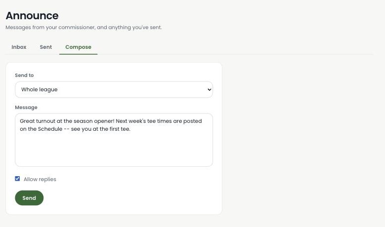 The Turn's Announce Compose form, with a whole-league message written and Allow replies checked
