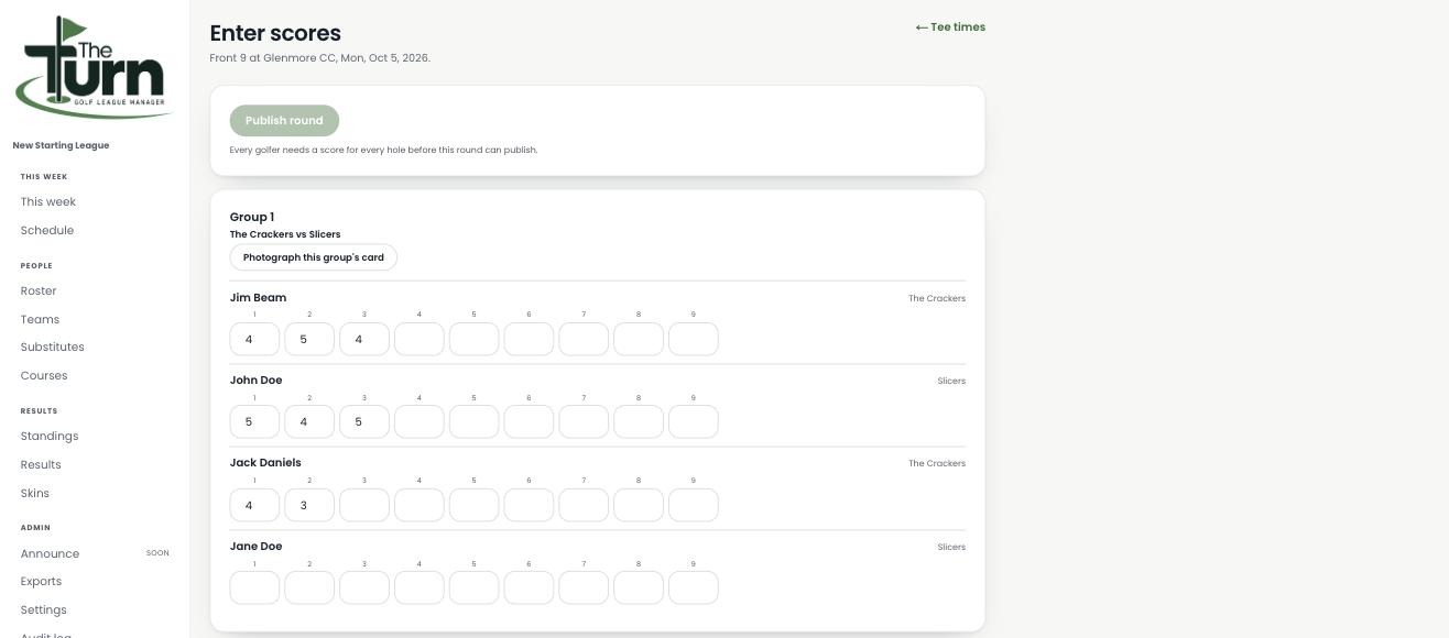 The Turn's score entry grid, showing holes being filled in for a group of golfers