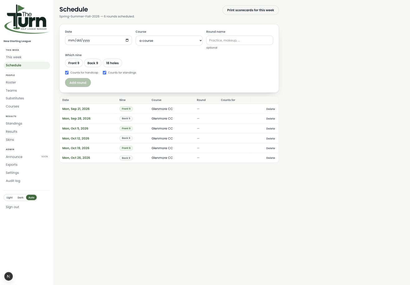 The Turn's Schedule page, showing a season's list of scheduled rounds