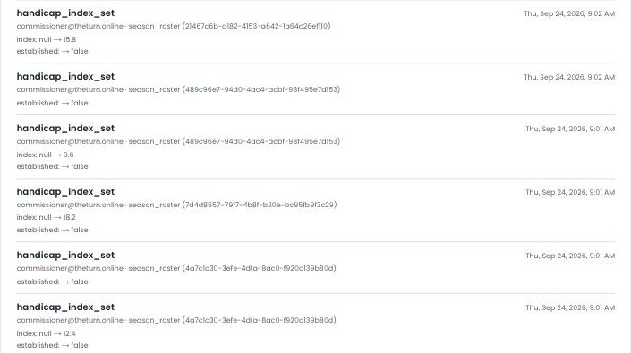 The Turn's Audit log, showing a timestamped history of handicap_index_set events