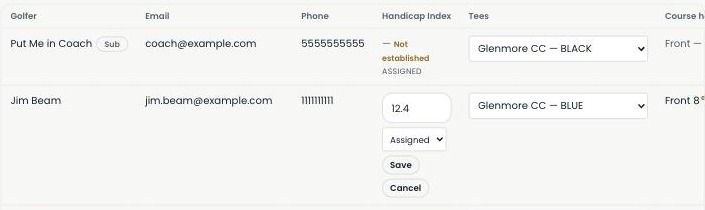 The Turn's Roster page with a golfer's Handicap Index field open for editing