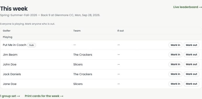 The Turn's This week page, showing who's playing and links to the live leaderboard and scorecards